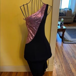 Pink Sequin Black Stretchy Thin One Shoulder Long Slit Dress